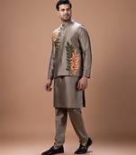 Metallic fawn embroidered cotton silk kurta bundi set