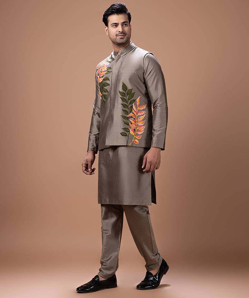 Metallic fawn embroidered cotton silk kurta bundi set