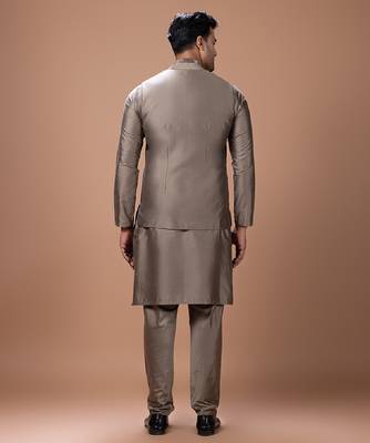 Metallic fawn embroidered cotton silk kurta bundi set 2