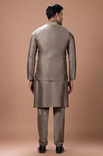 Metallic fawn embroidered cotton silk kurta bundi set