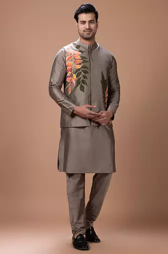 Metallic fawn embroidered cotton silk kurta bundi set