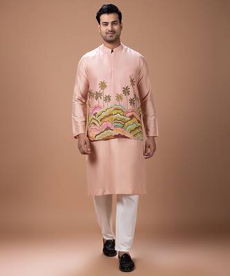 Onion pink embroidered cotton silk kurta bundi set 1