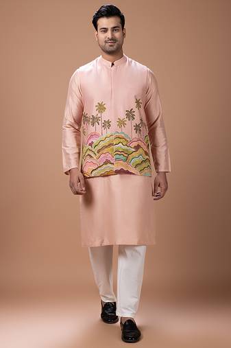Onion pink embroidered cotton silk kurta bundi set