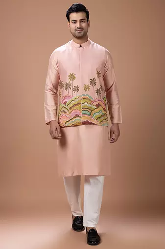 Onion pink embroidered cotton silk kurta bundi set