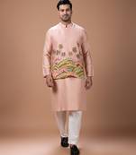 Onion pink embroidered cotton silk kurta bundi set