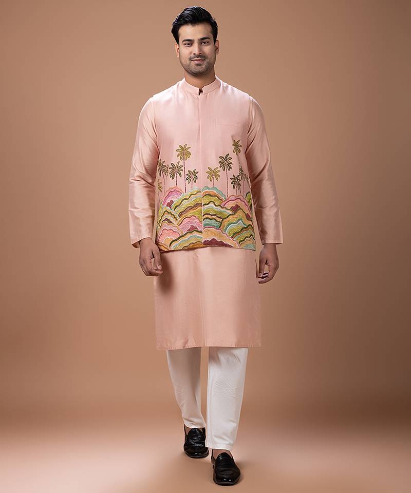 Onion pink embroidered cotton silk kurta bundi set