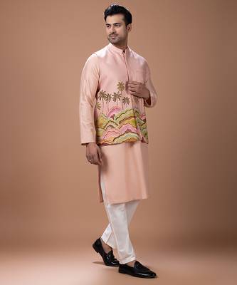 Onion pink embroidered cotton silk kurta bundi set 2