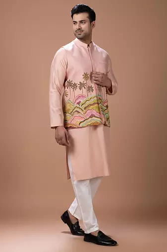 Onion pink embroidered cotton silk kurta bundi set