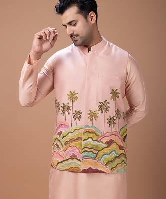 Onion pink embroidered cotton silk kurta bundi set 3