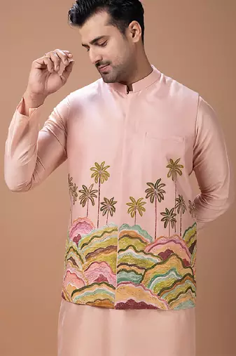 Onion pink embroidered cotton silk kurta bundi set
