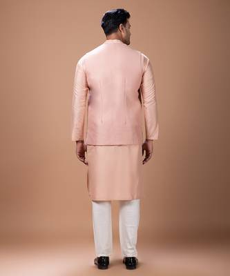 Onion pink embroidered cotton silk kurta bundi set 4