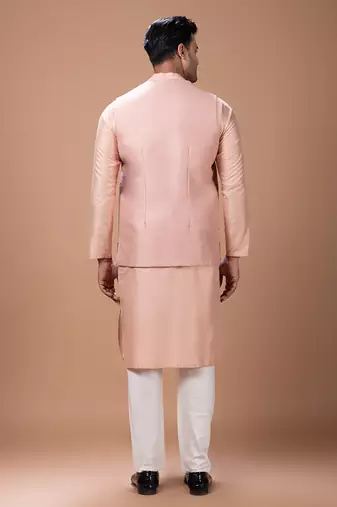 Onion pink embroidered cotton silk kurta bundi set