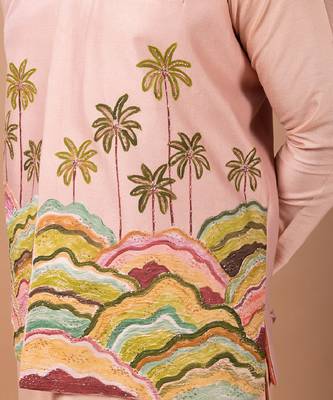 Onion pink embroidered cotton silk kurta bundi set 5