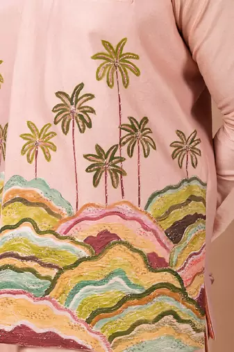 Onion pink embroidered cotton silk kurta bundi set
