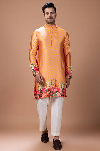 Orange printed japan satin kurta set