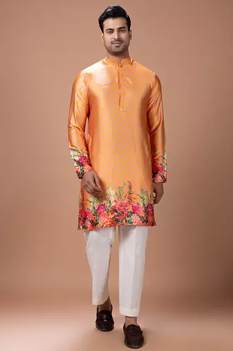 Orange printed japan satin kurta set