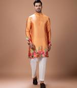 Orange printed japan satin kurta set