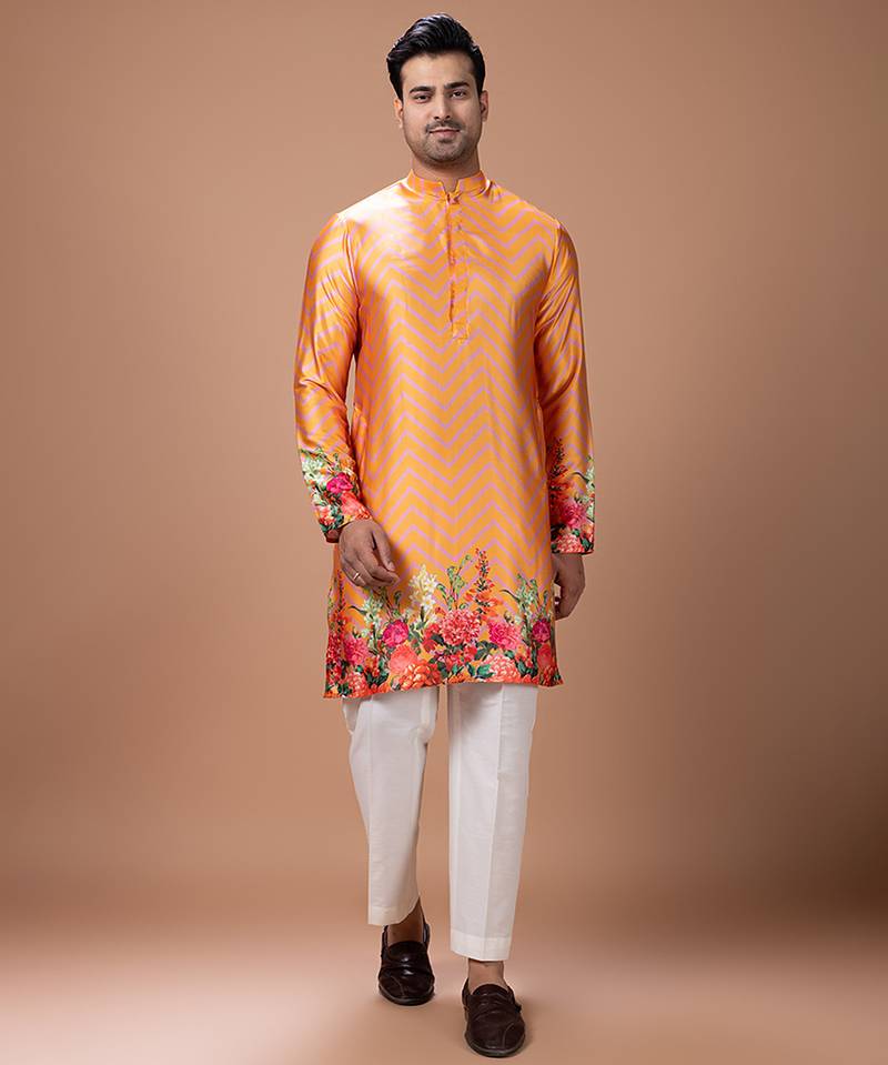 Orange printed japan satin kurta set