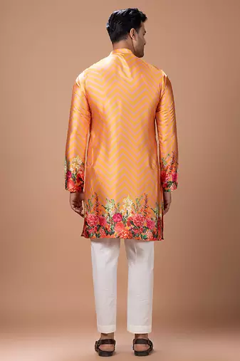 Orange printed japan satin kurta set