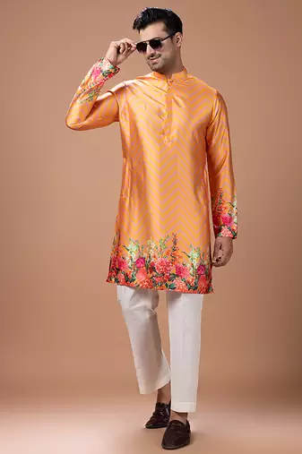 Orange printed japan satin kurta set