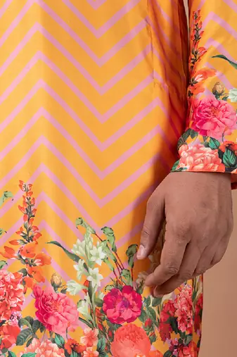 Orange printed japan satin kurta set