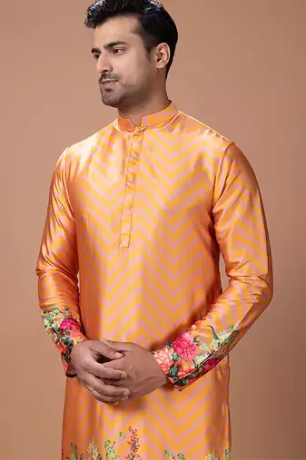 Orange printed japan satin kurta set