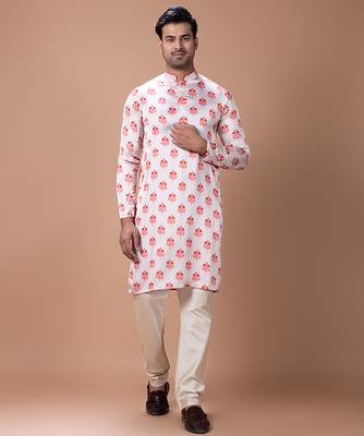 Cream white printed japan satin kurta set 1