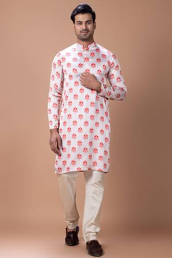 Cream white printed japan satin kurta set