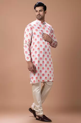 Cream white printed japan satin kurta set