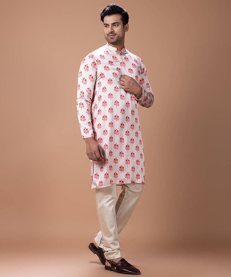 Cream white printed japan satin kurta set