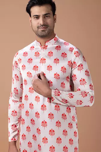 Cream white printed japan satin kurta set