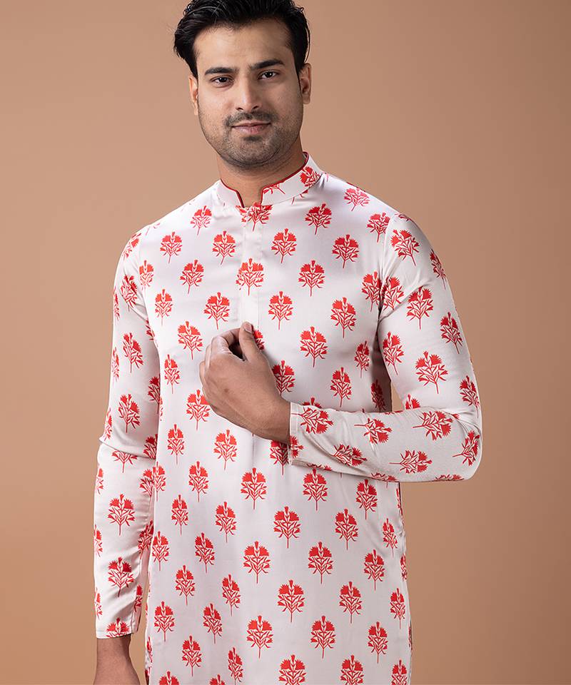 Cream white printed japan satin kurta set