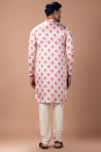 Cream white printed japan satin kurta set