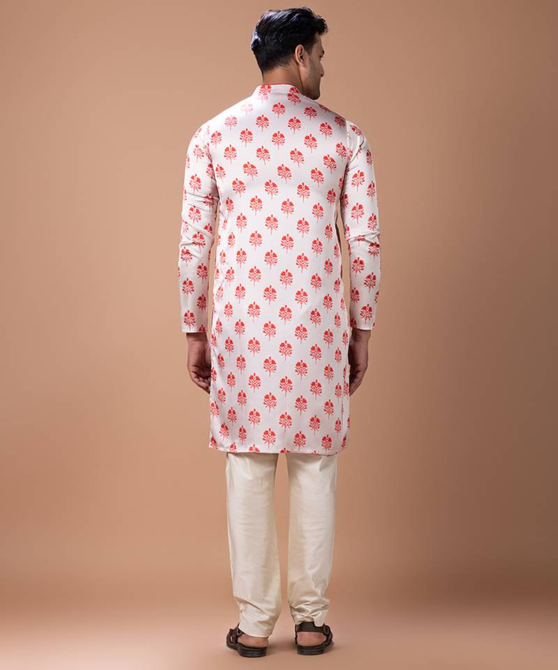 Cream white printed japan satin kurta set