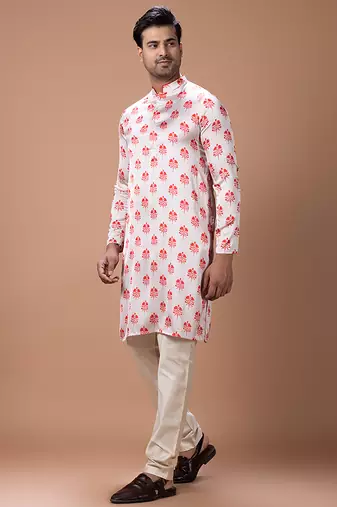 Cream white printed japan satin kurta set
