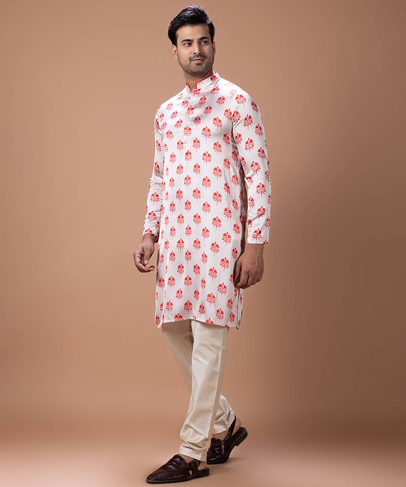 Cream white printed japan satin kurta set