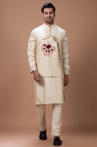 Beige embroidered cotton silk kurta bundi set