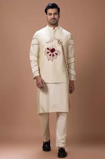 Beige embroidered cotton silk kurta bundi set