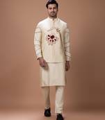 Beige embroidered cotton silk kurta bundi set