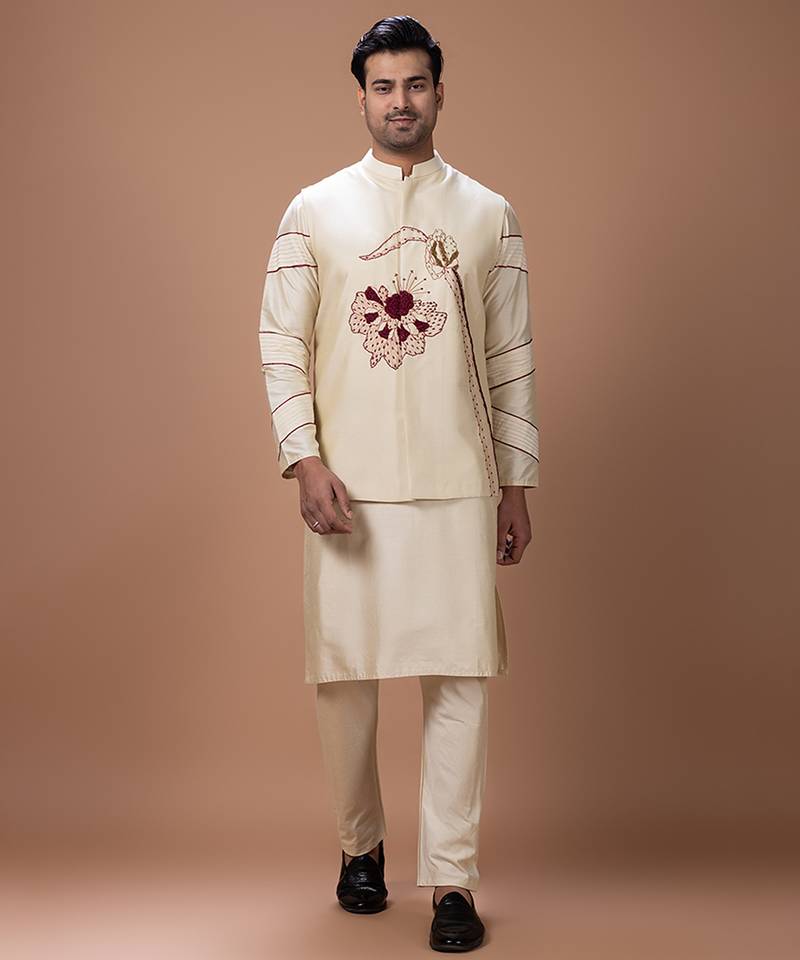 Beige embroidered cotton silk kurta bundi set