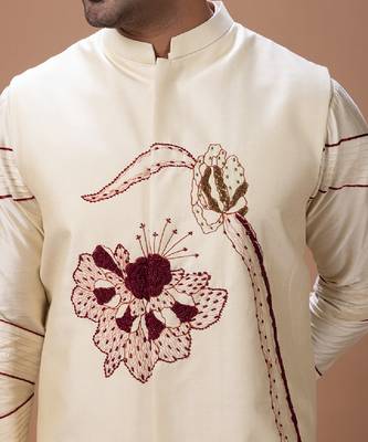 Beige embroidered cotton silk kurta bundi set 2