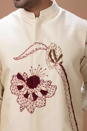 Beige embroidered cotton silk kurta bundi set