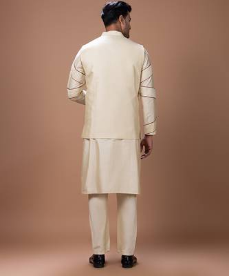 Beige embroidered cotton silk kurta bundi set 3
