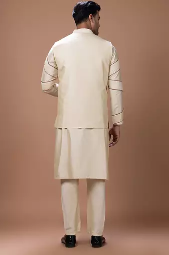 Beige embroidered cotton silk kurta bundi set