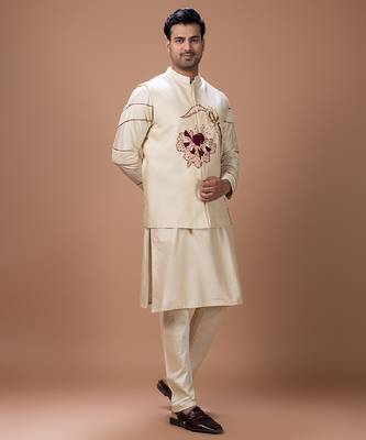 Beige embroidered cotton silk kurta bundi set 4