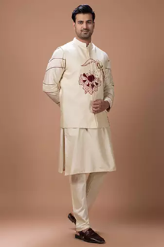 Beige embroidered cotton silk kurta bundi set