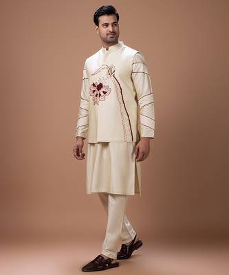 Beige embroidered cotton silk kurta bundi set 5