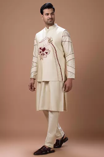 Beige embroidered cotton silk kurta bundi set