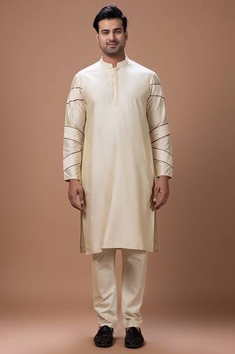Beige pleated cotton silk kurta set