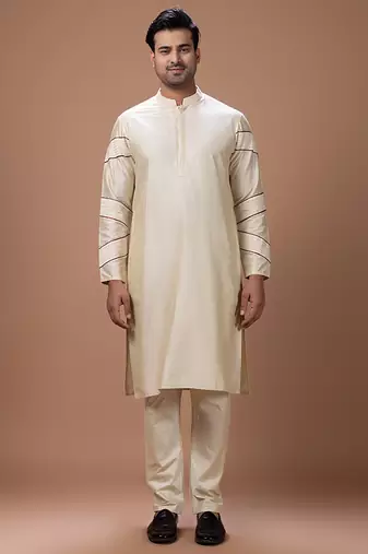 Beige pleated cotton silk kurta set